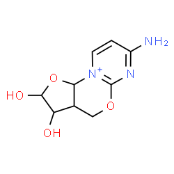 ChemSpider 2D Image | 7-Amino-2,3-dihydroxy-2,3,3a,10a-tetrahydro-4H-furo[2,3-d]pyrimido[2,1-b][1,3]oxazin-10-ium | C9H12N3O4