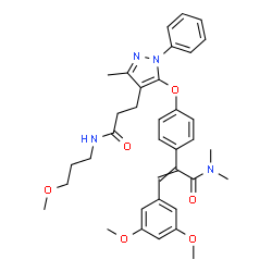 ChemSpider 2D Image | 3-(3,5-Dimethoxyphenyl)-2-{4-[(4-{3-[(3-methoxypropyl)amino]-3-oxopropyl}-3-methyl-1-phenyl-1H-pyrazol-5-yl)oxy]phenyl}-N,N-dimethylacrylamide | C36H42N4O6