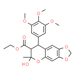 ChemSpider 2D Image | Ethyl 6-hydroxy-6-methyl-8-(3,4,5-trimethoxyphenyl)-7,8-dihydro-6H-[1,3]dioxolo[4,5-g]chromene-7-carboxylate | C23H26O9