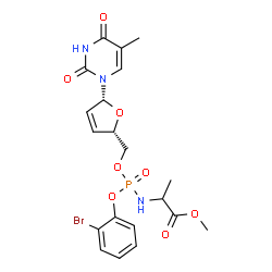 ChemSpider 2D Image | Methyl N-[(2-bromophenoxy){[(2S,5R)-5-(5-methyl-2,4-dioxo-3,4-dihydro-1(2H)-pyrimidinyl)-2,5-dihydro-2-furanyl]methoxy}phosphoryl]alaninate | C20H23BrN3O8P