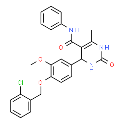 ChemSpider 2D Image | 4-{4-[(2-Chlorobenzyl)oxy]-3-methoxyphenyl}-6-methyl-2-oxo-N-phenyl-1,2,3,4-tetrahydro-5-pyrimidinecarboxamide | C26H24ClN3O4