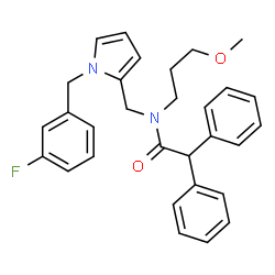 ChemSpider 2D Image | N-{[1-(3-Fluorobenzyl)-1H-pyrrol-2-yl]methyl}-N-(3-methoxypropyl)-2,2-diphenylacetamide | C30H31FN2O2