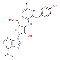 ChemSpider 2D Image | 2-Acetamido-N-{5-[6-(dimethylamino)-9H-purin-9-yl]-4-hydroxy-2-(hydroxymethyl)tetrahydro-3-furanyl}-3-(4-hydroxyphenyl)propanamide | C23H29N7O6