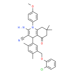 ChemSpider 2D Image | 2-Amino-4-{5-[(2-chlorophenoxy)methyl]-2,4-dimethylphenyl}-1-(4-methoxyphenyl)-7,7-dimethyl-5-oxo-1,4,5,6,7,8-hexahydro-3-quinolinecarbonitrile | C34H34ClN3O3