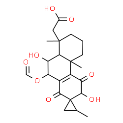 ChemSpider 2D Image | [10'-(Formyloxy)-3',9'-dihydroxy-2,4b',8'-trimethyl-1',4'-dioxo-3',4',4b',5',6',7',8',8a',9',10'-decahydro-1'H-spiro[cyclopropane-1,2'-phenanthren]-8'-yl]acetic acid | C22H28O8