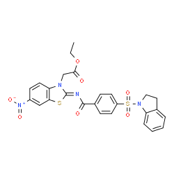 ChemSpider 2D Image | Ethyl [(2Z)-2-{[4-(2,3-dihydro-1H-indol-1-ylsulfonyl)benzoyl]imino}-6-nitro-1,3-benzothiazol-3(2H)-yl]acetate | C26H22N4O7S2