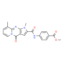ChemSpider 2D Image | Methyl 4-{[(1,9-dimethyl-4-oxo-1,4-dihydropyrido[1,2-a]pyrrolo[2,3-d]pyrimidin-2-yl)carbonyl]amino}benzoate | C21H18N4O4