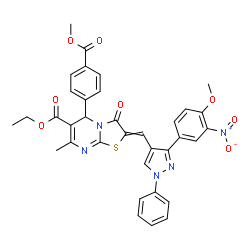 ChemSpider 2D Image | Ethyl 5-[4-(methoxycarbonyl)phenyl]-2-{[3-(4-methoxy-3-nitrophenyl)-1-phenyl-1H-pyrazol-4-yl]methylene}-7-methyl-3-oxo-2,3-dihydro-5H-[1,3]thiazolo[3,2-a]pyrimidine-6-carboxylate | C35H29N5O8S