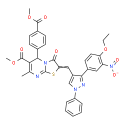 ChemSpider 2D Image | Methyl 2-{[3-(4-ethoxy-3-nitrophenyl)-1-phenyl-1H-pyrazol-4-yl]methylene}-5-[4-(methoxycarbonyl)phenyl]-7-methyl-3-oxo-2,3-dihydro-5H-[1,3]thiazolo[3,2-a]pyrimidine-6-carboxylate | C35H29N5O8S