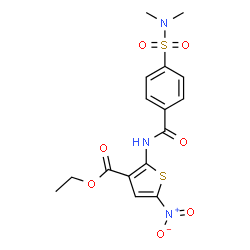 ChemSpider 2D Image | Ethyl 2-{[4-(dimethylsulfamoyl)benzoyl]amino}-5-nitro-3-thiophenecarboxylate | C16H17N3O7S2