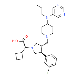 ChemSpider 2D Image | (2R)-Cyclobutyl[(3S,4S)-3-(3-fluorophenyl)-4-({4-[propyl(5-pyrimidinyl)amino]-1-piperidinyl}methyl)-1-pyrrolidinyl]acetic acid | C29H40FN5O2