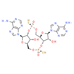ChemSpider 2D Image | (1R,3R,6R,8R,9R,10S,12R,15R,17R,18R)-8,17-Bis(6-amino-9H-purin-9-yl)-3,12-disulfanyl-2,4,7,11,13,16-hexaoxa-3,12-diphosphatricyclo[13.2.1.0~6,10~]octadecane-9,18-diol 3,12-dioxide | C20H24N10O10P2S2