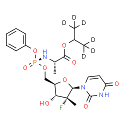 ChemSpider 2D Image | (1,1,1,3,3,3-~2~H_6_)-2-Propanyl (2S)-2-{[(S)-{[(2R,3R,4R,5R)-5-(2,4-dioxo-3,4-dihydro-1(2H)-pyrimidinyl)-4-fluoro-3-hydroxy-4-methyltetrahydro-2-furanyl]methoxy}(phenoxy)phosphoryl]amino}propanoate (
non-preferred name) | C22H23D6FN3O9P
