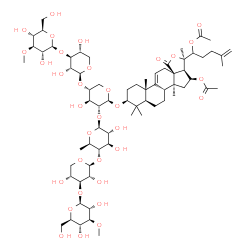 ChemSpider 2D Image | (3beta,16beta)-3-{[3-O-Methyl-beta-D-glucopyranosyl-(1->3)-beta-D-xylopyranosyl-(1->4)-[3-O-methyl-beta-D-glucopyranosyl-(1->3)-beta-D-xylopyranosyl-(1->4)-6-deoxy-beta-D-glucopyranosyl-(1->2)]-beta-D
-xylopyranosyl]oxy}-18-oxo-18,20-epoxylanosta-9(11),25-diene-16,22-diyl diacetate | C69H108O33