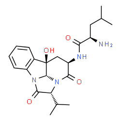 ChemSpider 2D Image | N-[(2R,4R,5aR,9cR)-5a-Hydroxy-2-isopropyl-1,3-dioxo-1,2,4,5,5a,9c-hexahydro-3H-2a,9b-diazacyclopenta[jk]fluoren-4-yl]-D-leucinamide | C22H30N4O4