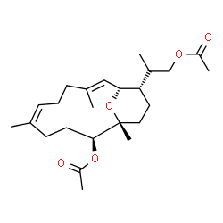ChemSpider 2D Image | (1R,2S,5Z,9E,11S,12S)-12-[(2R)-1-Acetoxy-2-propanyl]-1,5,9-trimethyl-15-oxabicyclo[9.3.1]pentadeca-5,9-dien-2-yl acetate | C24H38O5