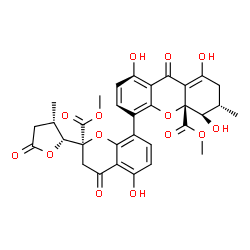 ChemSpider 2D Image | Methyl (3S,4R,4aR)-1,4,8-trihydroxy-5-{(2S)-5-hydroxy-2-(methoxycarbonyl)-2-[(2R,3S)-3-methyl-5-oxotetrahydro-2-furanyl]-4-oxo-3,4-dihydro-2H-chromen-8-yl}-3-methyl-9-oxo-2,3,4,9-tetrahydro-4aH-xanthe
ne-4a-carboxylate | C32H30O14