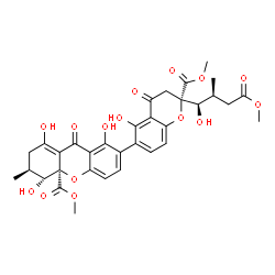 ChemSpider 2D Image | Methyl (3S,4R,4aR)-1,4,8-trihydroxy-7-[(2S)-5-hydroxy-2-[(1R,2S)-1-hydroxy-4-methoxy-2-methyl-4-oxobutyl]-2-(methoxycarbonyl)-4-oxo-3,4-dihydro-2H-chromen-6-yl]-3-methyl-9-oxo-2,3,4,9-tetrahydro-4aH-x
anthene-4a-carboxylate | C33H34O15