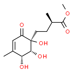 ChemSpider 2D Image | Methyl (2R)-2-methyl-4-[(1S,5R,6R)-1,5,6-trihydroxy-4-methyl-2-oxo-3-cyclohexen-1-yl]butanoate | C13H20O6