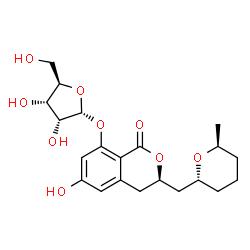 ChemSpider 2D Image | (3R)-6-Hydroxy-3-{[(2R,6S)-6-methyltetrahydro-2H-pyran-2-yl]methyl}-1-oxo-3,4-dihydro-1H-isochromen-8-yl alpha-D-ribofuranoside | C21H28O9