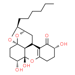 ChemSpider 2D Image | (1R,3S,4S,6R,9R,10S,15R,18S)-4-Hexyl-9,10,15-trihydroxy-5,11,19-trioxapentacyclo[8.7.1.1~3,6~.0~6,18~.0~12,17~]nonadec-12(17)-en-16-one | C22H32O7