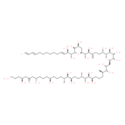 ChemSpider 2D Image | (4S,12R,16R,17R,18R,21S,22R,23S,24R,28R,29R,30R)-31-{(2R,3S,4R,5S,6R)-6-[(1S,5S,6S)-6-{(2S,4S,5S,6S)-6-[(1R,2R,3E,11E,13E)-14-Chloro-1,2-dihydroxy-3,11,13-tetradecatrien-1-yl]-4,5-dihydroxytetrahydro-
2H-pyran-2-yl}-1,5,6-trihydroxy-4-methylenehexyl]-3,4,5-trihydroxytetrahydro-2H-pyran-2-yl}-1,4,8,12,17,18,22,23,24,29,30-undecahydroxy-16,21,28-trimethyl-6-hentriacontanone (non-preferred name) | C65H117ClO24