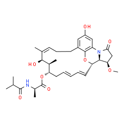 ChemSpider 2D Image | (4Z,6R,7R,8S,10E,12E,14S,15S,16R)-6,22-Dihydroxy-16-methoxy-5,7-dimethyl-18-oxo-25-oxa-19-azatetracyclo[12.9.2.0~15,19~.0~20,24~]pentacosa-1(24),4,10,12,20,22-hexaen-8-yl N-isobutyryl-D-alaninate | C33H44N2O8