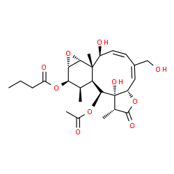 ChemSpider 2D Image | (1R,3aS,4E,6Z,8S,8aS,9R,10S,11R,12R,12aS,13S,13aS)-13-Acetoxy-8,13a-dihydroxy-5-(hydroxymethyl)-1,8a,12-trimethyl-2-oxo-1,2,3a,8,8a,9,10,11,12,12a,13,13a-dodecahydro-9,10-epoxybenzo[4,5]cyclodeca[1,2-
b]furan-11-yl butanoate | C26H36O10