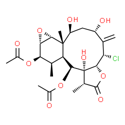 ChemSpider 2D Image | (1R,3aR,4S,6S,8S,8aS,9R,10S,11R,12R,12aS,13S,13aR)-4-Chloro-6,8,13a-trihydroxy-1,8a,12-trimethyl-5-methylene-2-oxohexadecahydro-9,10-epoxybenzo[4,5]cyclodeca[1,2-b]furan-11,13-diyl diacetate | C24H33ClO10
