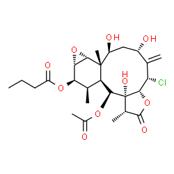 ChemSpider 2D Image | (1R,3aR,4S,6S,8S,8aS,9R,10S,11R,12R,12aS,13S,13aR)-13-Acetoxy-4-chloro-6,8,13a-trihydroxy-1,8a,12-trimethyl-5-methylene-2-oxohexadecahydro-9,10-epoxybenzo[4,5]cyclodeca[1,2-b]furan-11-yl butyrate | C26H37ClO10