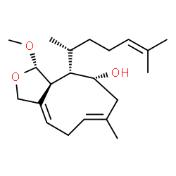 ChemSpider 2D Image | (3S,3aS,4S,5R,7E,10E)-3-Methoxy-7-methyl-4-[(2R)-6-methyl-5-hepten-2-yl]-3,3a,4,5,6,9-hexahydro-1H-cyclonona[c]furan-5-ol | C21H34O3