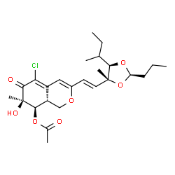 ChemSpider 2D Image | (7R,8R,8aR)-3-{(E)-2-[(2R,4R,5R)-5-sec-Butyl-4-methyl-2-propyl-1,3-dioxolan-4-yl]vinyl}-5-chloro-7-hydroxy-7-methyl-6-oxo-6,7,8,8a-tetrahydro-1H-isochromen-8-yl acetate | C25H35ClO7