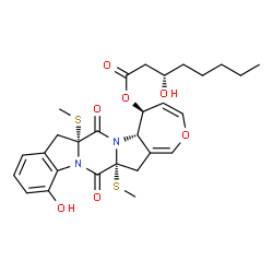 ChemSpider 2D Image | (5S,5aS,7aR,14aR)-12-Hydroxy-7a,14a-bis(methylsulfanyl)-7,14-dioxo-5,5a,7a,8,14a,15-hexahydro-7H,14H-oxepino[3'',4'':4',5']pyrrolo[1',2':4,5]pyrazino[1,2-a]indol-5-yl (3S)-3-hydroxyoctanoate | C28H34N2O7S2
