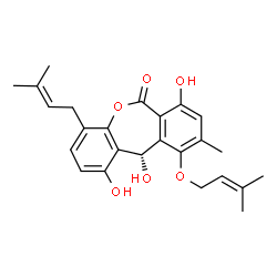ChemSpider 2D Image | (11S)-1,7,11-Trihydroxy-9-methyl-4-(3-methyl-2-buten-1-yl)-10-[(3-methyl-2-buten-1-yl)oxy]dibenzo[b,e]oxepin-6(11H)-one | C25H28O6