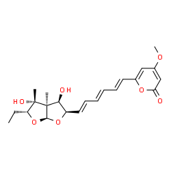 ChemSpider 2D Image | 6-{(1E,3E,5E)-6-[(2R,3R,3aR,4R,5R,6aS)-5-Ethyl-3,4-dihydroxy-3a,4-dimethylhexahydrofuro[2,3-b]furan-2-yl]-1,3,5-hexatrien-1-yl}-4-methoxy-2H-pyran-2-one | C22H28O7