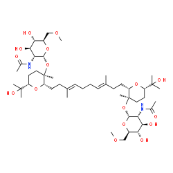 ChemSpider 2D Image | (2S,3R,6S)-2-{(3E,7E)-10-[(2S,3R,6S)-3-[(2-Acetamido-2-deoxy-6-O-methyl-alpha-D-glucopyranosyl)oxy]-6-(2-hydroxy-2-propanyl)-3-methyltetrahydro-2H-pyran-2-yl]-3,8-dimethyl-3,7-decadien-1-yl}-6-(2-hydr
oxy-2-propanyl)-3-methyltetrahydro-2H-pyran-3-yl 2-acetamido-2-deoxy-6-O-methyl-alpha-D-glucopyranoside | C48H84N2O16
