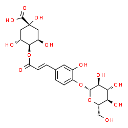 ChemSpider 2D Image | (1R,3R,4R,5R)-4-({(2E)-3-[4-(beta-L-Glucopyranosyloxy)-3-hydroxyphenyl]-2-propenoyl}oxy)-1,3,5-trihydroxycyclohexanecarboxylic acid | C22H28O14