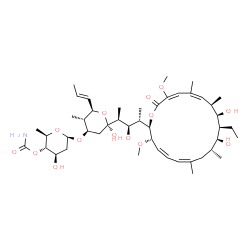 ChemSpider 2D Image | (5R)-3-O-(4-O-Carbamoyl-2,6-dideoxy-beta-D-arabino-hexopyranosyl)-2,4-dideoxy-1-C-{(2S,3R,4S)-4-[(2R,3S,4Z,6Z,9R,10S,11S,12R,13R,14Z,16E)-11-ethyl-10,12-dihydroxy-3,17-dimethoxy-7,9,13,15-tetramethyl-
18-oxooxacyclooctadeca-4,6,14,16-tetraen-2-yl]-3-hydroxy-2-pentanyl}-4-methyl-5-[(1E)-1-propen-1-yl]-alpha-D-threo-pentopyranose | C46H75NO14