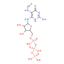 ChemSpider 2D Image | N-(2-Amino-5-formamido-6-oxo-3,6-dihydro-4-pyrimidinyl)-5-O-(hydroxy{[hydroxy(phosphonooxy)phosphoryl]oxy}phosphoryl)pentofuranosylamine | C10H18N5O15P3