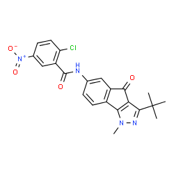 ChemSpider 2D Image | 2-Chloro-N-[1-methyl-3-(2-methyl-2-propanyl)-4-oxo-1,4-dihydroindeno[1,2-c]pyrazol-6-yl]-5-nitrobenzamide | C22H19ClN4O4