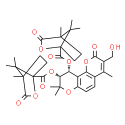 ChemSpider 2D Image | (9R,10R)-3-(hydroxymethyl)-4,8,8-trimethyl-2-oxo-9,10-dihydro-2H,8H-pyrano[2,3-f]chromene-9,10-diyl bis(4,7,7-trimethyl-3-oxo-2-oxabicyclo[2.2.1]heptane-1-carboxylate) | C36H42O12