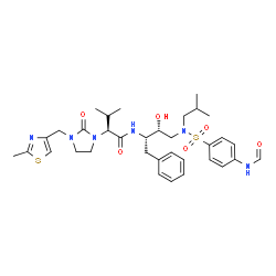 ChemSpider 2D Image | (2S)-N-[(2S,3R)-4-{[(4-Formamidophenyl)sulfonyl](isobutyl)amino}-3-hydroxy-1-phenyl-2-butanyl]-3-methyl-2-{3-[(2-methyl-1,3-thiazol-4-yl)methyl]-2-oxo-1-imidazolidinyl}butanamide | C34H46N6O6S2