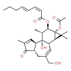 ChemSpider 2D Image | (1aR,1bS,4aS,7aR,7bR,8R,9R,9aS)-9a-Acetoxy-7b-hydroxy-3-(hydroxymethyl)-1,1,6,8-tetramethyl-5-oxo-1a,1b,4,4a,5,7a,7b,8,9,9a-decahydro-1H-cyclopropa[3,4]benzo[1,2-e]azulen-9-yl (2Z,4E)-2,4-octadienoate | C30H40O7