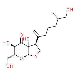 ChemSpider 2D Image | 4H-Furo[2,3-b]pyran-4-one, hexahydro-3a,5-dihydroxy-6-(hydroxymethyl)-3-(6-hydroxy-5-methyl-1-methylenehexyl)-, (3S,5R,6R,7aR)- | C16H26O7