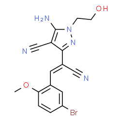 ChemSpider 2D Image | 5-Amino-3-[(Z)-2-(5-bromo-2-methoxyphenyl)-1-cyanovinyl]-1-(2-hydroxyethyl)-1H-pyrazole-4-carbonitrile | C16H14BrN5O2