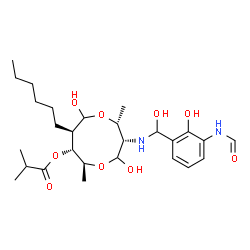 ChemSpider 2D Image | (2R,3S,6S,7R,8R)-3-{[(3-Formamido-2-hydroxyphenyl)(hydroxy)methyl]amino}-8-hexyl-4,9-dihydroxy-2,6-dimethyl-1,5-dioxonan-7-yl 2-methylpropanoate | C27H44N2O9