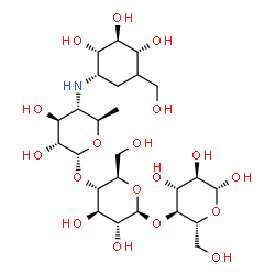 ChemSpider 2D Image | 4,6-Dideoxy-4-{[(1S,2S,3S,4R)-2,3,4-trihydroxy-5-(hydroxymethyl)cyclohexyl]amino}-alpha-D-glucopyranosyl-(1->4)-beta-D-glucopyranosyl-(1->4)-beta-D-glucopyranose | C25H45NO18