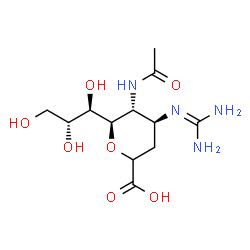 ChemSpider 2D Image | (2xi,6R)-5-Acetamido-2,6-anhydro-3,4,5-trideoxy-4-[(diaminomethylene)amino]-6-[(1R,2R)-1,2,3-trihydroxypropyl]-L-threo-hexonic acid | C12H22N4O7