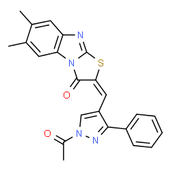 ChemSpider 2D Image | (2E)-2-[(1-Acetyl-3-phenyl-1H-pyrazol-4-yl)methylene]-6,7-dimethyl[1,3]thiazolo[3,2-a]benzimidazol-3(2H)-one | C23H18N4O2S