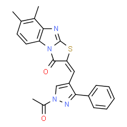 ChemSpider 2D Image | (2E)-2-[(1-Acetyl-3-phenyl-1H-pyrazol-4-yl)methylene]-7,8-dimethyl[1,3]thiazolo[3,2-a]benzimidazol-3(2H)-one | C23H18N4O2S
